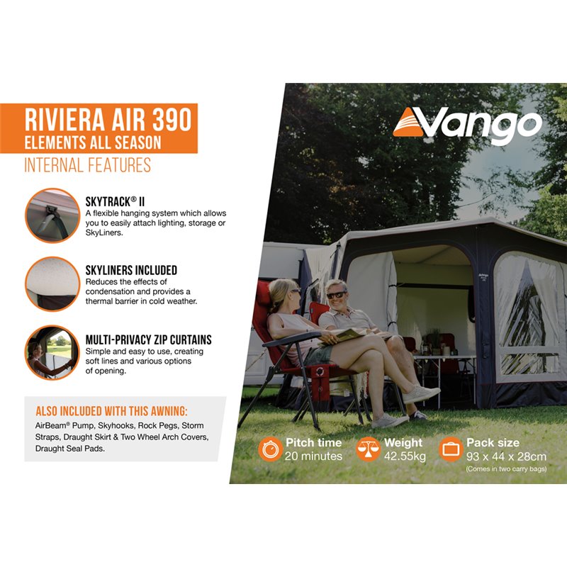  Vango Riviera Air Awning 390 Elements TC Package With Free Tall Annex Elements TC - Riviera, Caravan Awning Side Canopy And CP225 - Breathable Fitted Carpet - Riviera 390