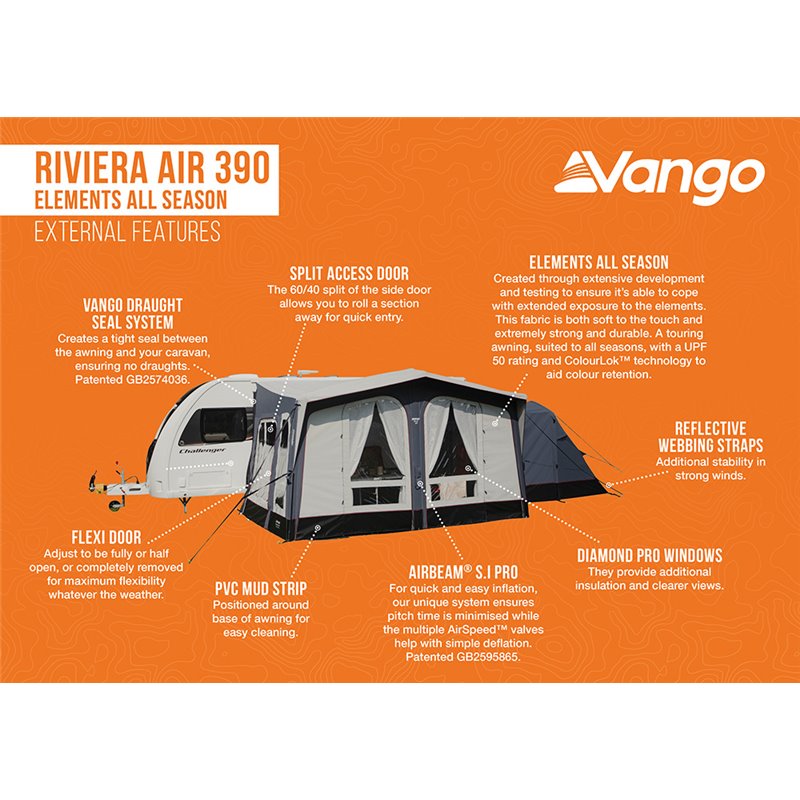  Vango Riviera Air Awning 390 Elements TC Package With Free Tall Annex Elements TC - Riviera, Caravan Awning Side Canopy And CP225 - Breathable Fitted Carpet - Riviera 390