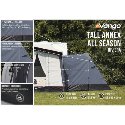  Vango Riviera Air Awning 390 Elements TC Package With Free Tall Annex Elements TC - Riviera, Caravan Awning Side Canopy And CP225 - Breathable Fitted Carpet - Riviera 390